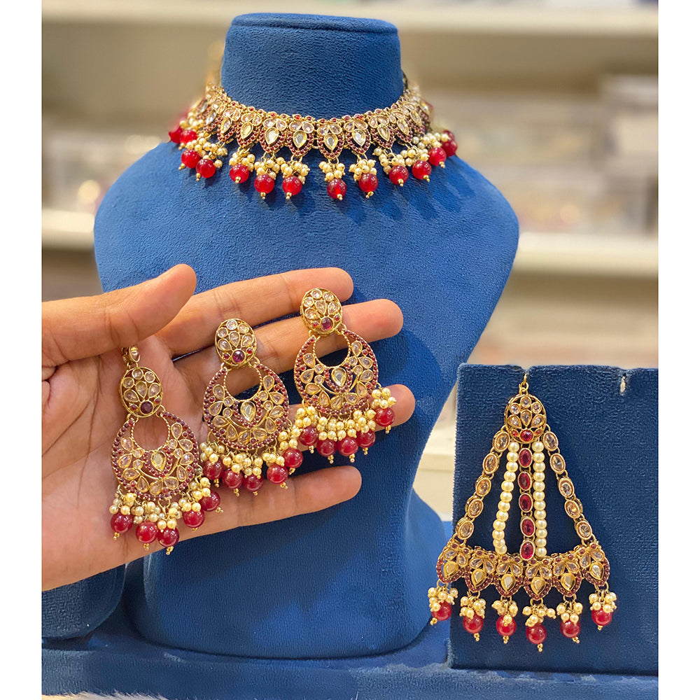 Hira Collections Elegant Crystal Stone Pearl And Beads Choker Necklace Set