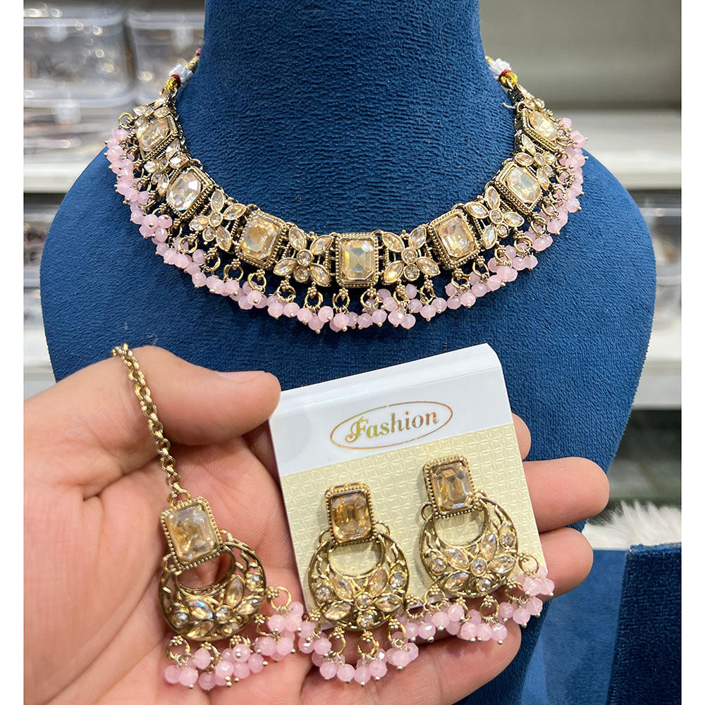 Hira Collections Elegant Crystal Stone And Pearl Choker Necklace Set