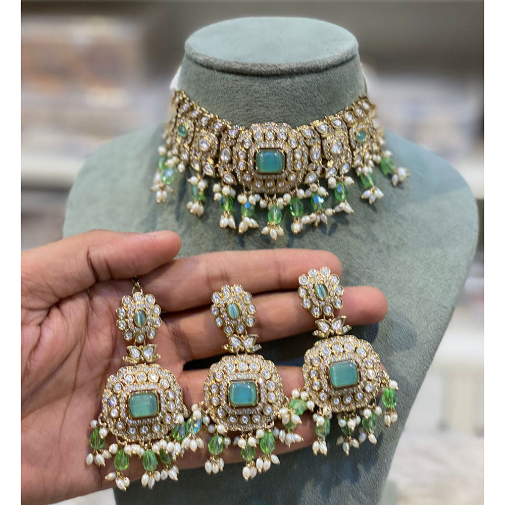 Hira Collections Elegant Pota Stone And Austrian Stone Pearl Choker Necklace Set
