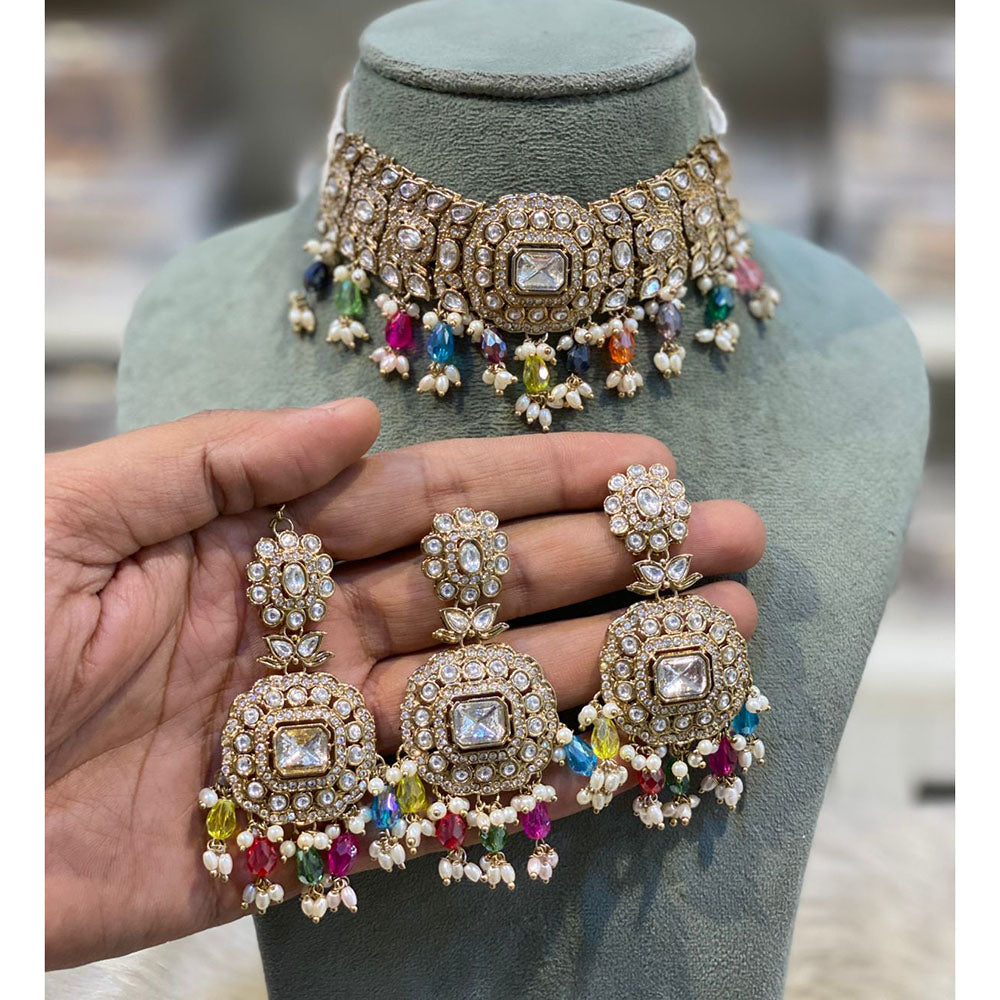Hira Collections Elegant Pota Stone And Austrian Stone Pearl Choker Necklace Set