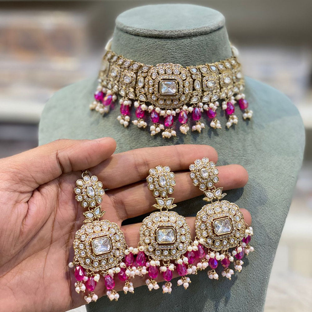 Hira Collections Elegant Pota Stone And Austrian Stone Pearl Choker Necklace Set