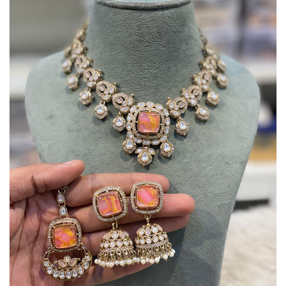 Hira Collections Glamorous Druzy Crystal Stone And Pearl Necklace Set