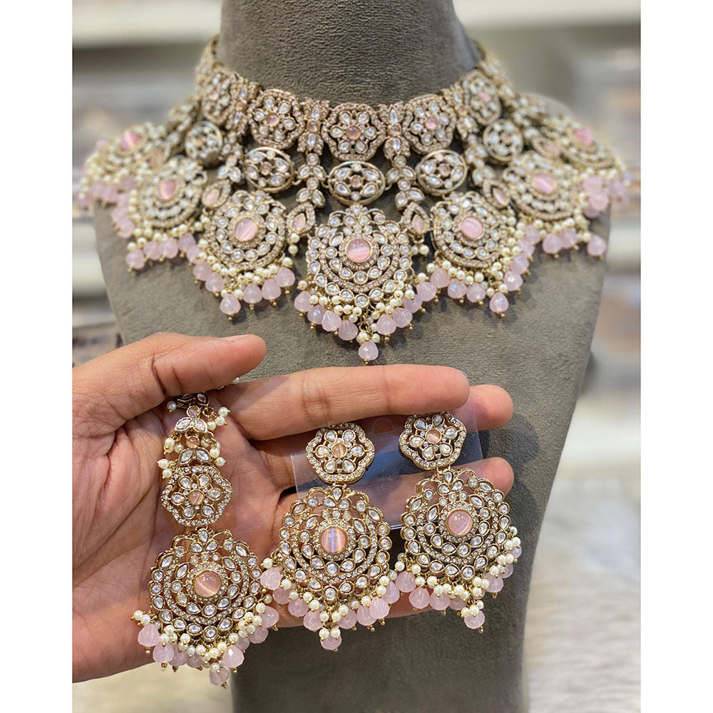 Hira Collections Elegant Pota Stone And Austrian Stone Pearl Choker Necklace Set
