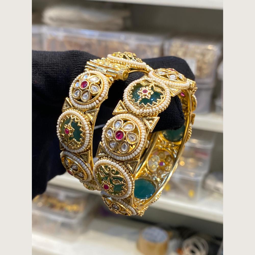 Hira Collections Royal Pota Stone And Pearl Openable Bangles Set