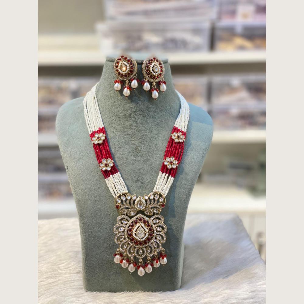 Hira Collections Elegant Pota Stone And Austrian Stone Pearl Long Necklace Set