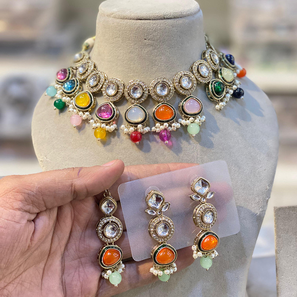 Hira Collections Glamorous Kundan And Pota Stone Pearl Choker Necklace Set