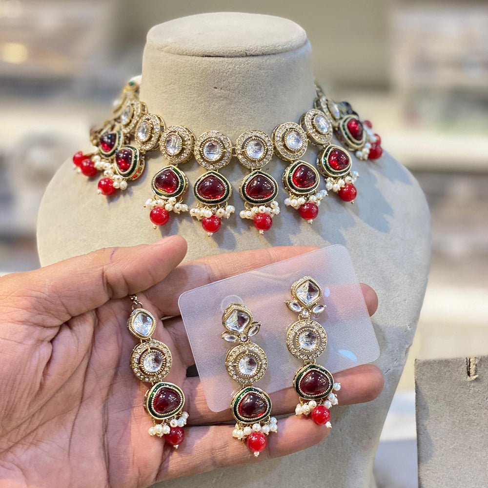 Hira Collections Glamorous Kundan And Pota Stone Pearl Choker Necklace Set