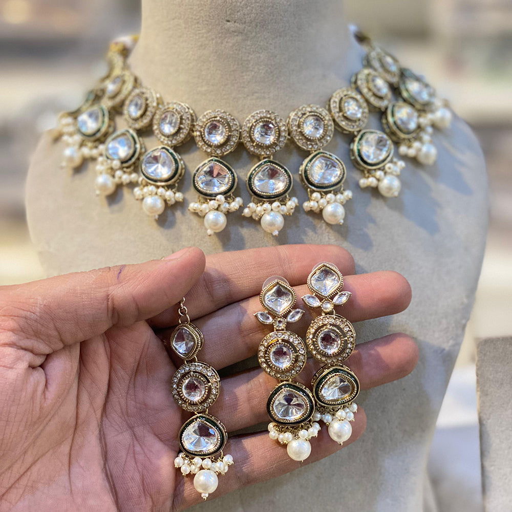 Hira Collections Glamorous Kundan And Pota Stone Pearl Choker Necklace Set