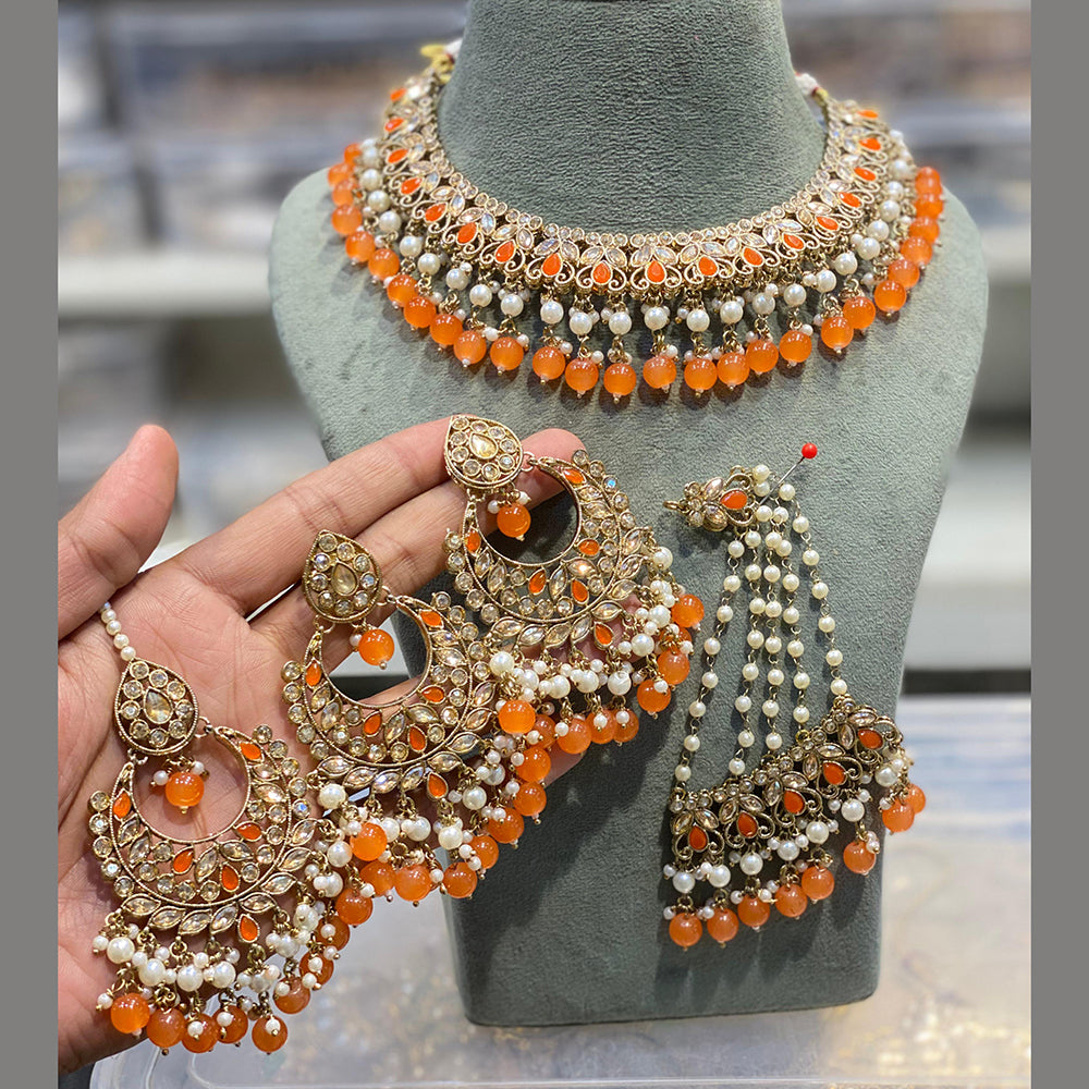 Hira Collections Grand Crystal Stone And Pearl Choker Necklace Set