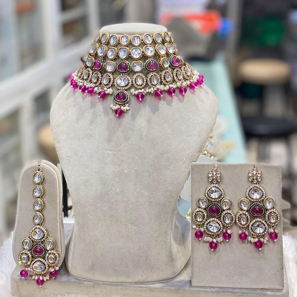 Hira Collections Glamorous Kundan And Pota Stone Pearl Choker Necklace Set
