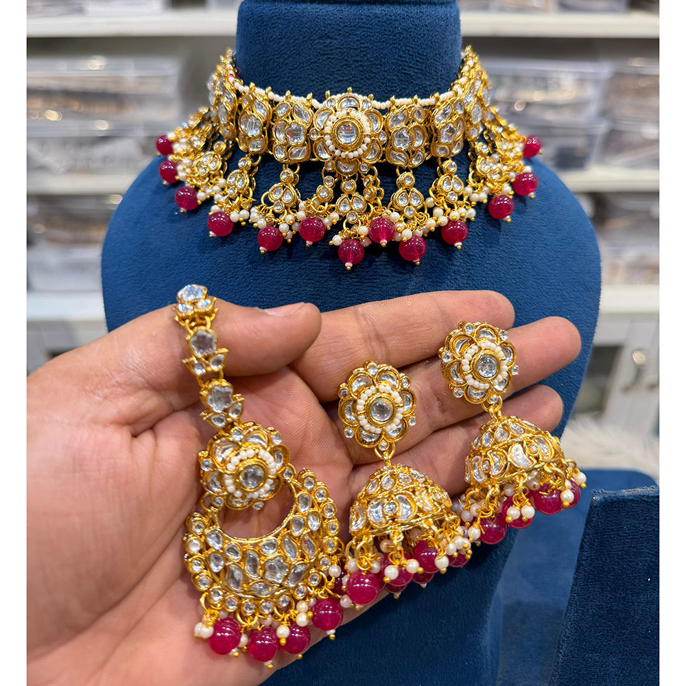 Hira Collections Kundan Stone Glamorous Pearl And Beads Choker Necklace Set