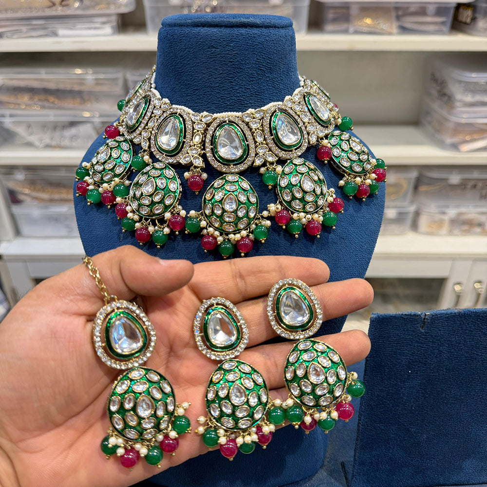 Hira Collections Kundan Stone Glamorous Pearl And Beads Choker Necklace Set