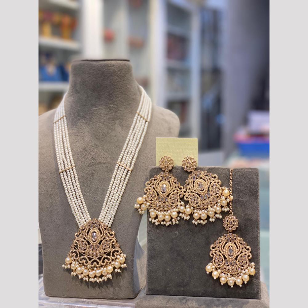 Hira Collections Elegant Crystal Stone Beads And Pearl Long Necklace Set