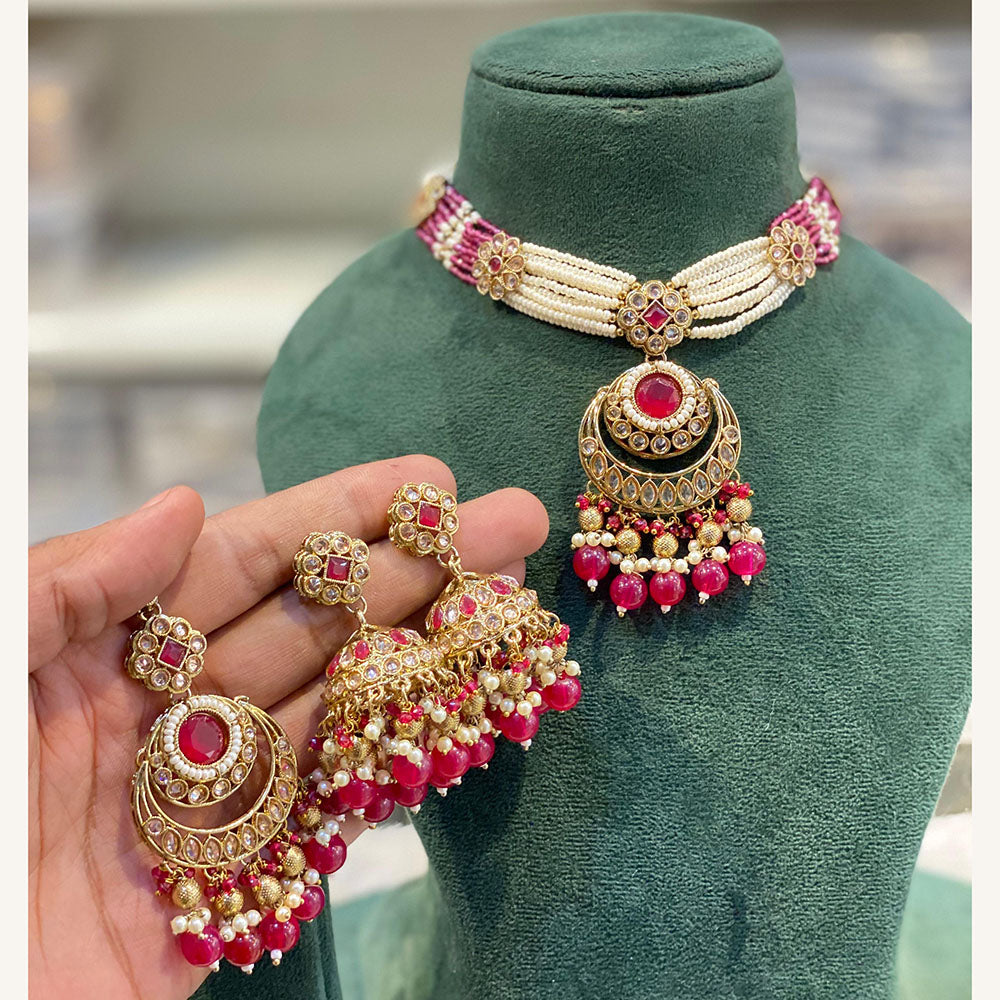 Hira Collections Exclusive Pota Stone Pearl And Beads Choker Necklace Set
