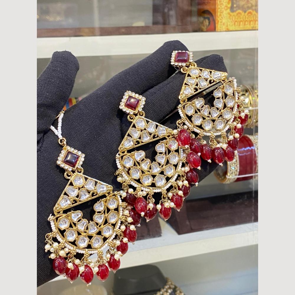 Hira Collections Royal Kundan Pearl And Beads Earrings With Elegant Maangtikka Set