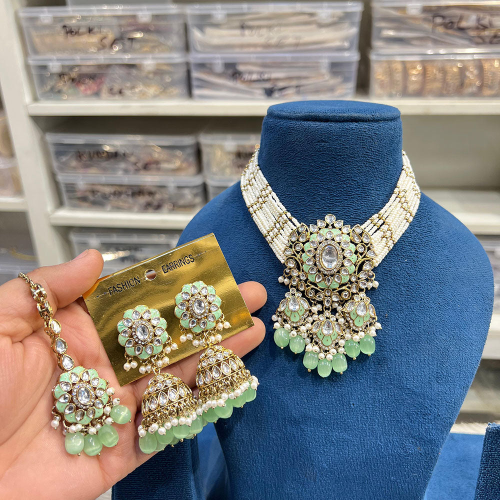Hira Collections Luxury Kundan Stone Pearl And Beads Meenakari Choker Necklace Set