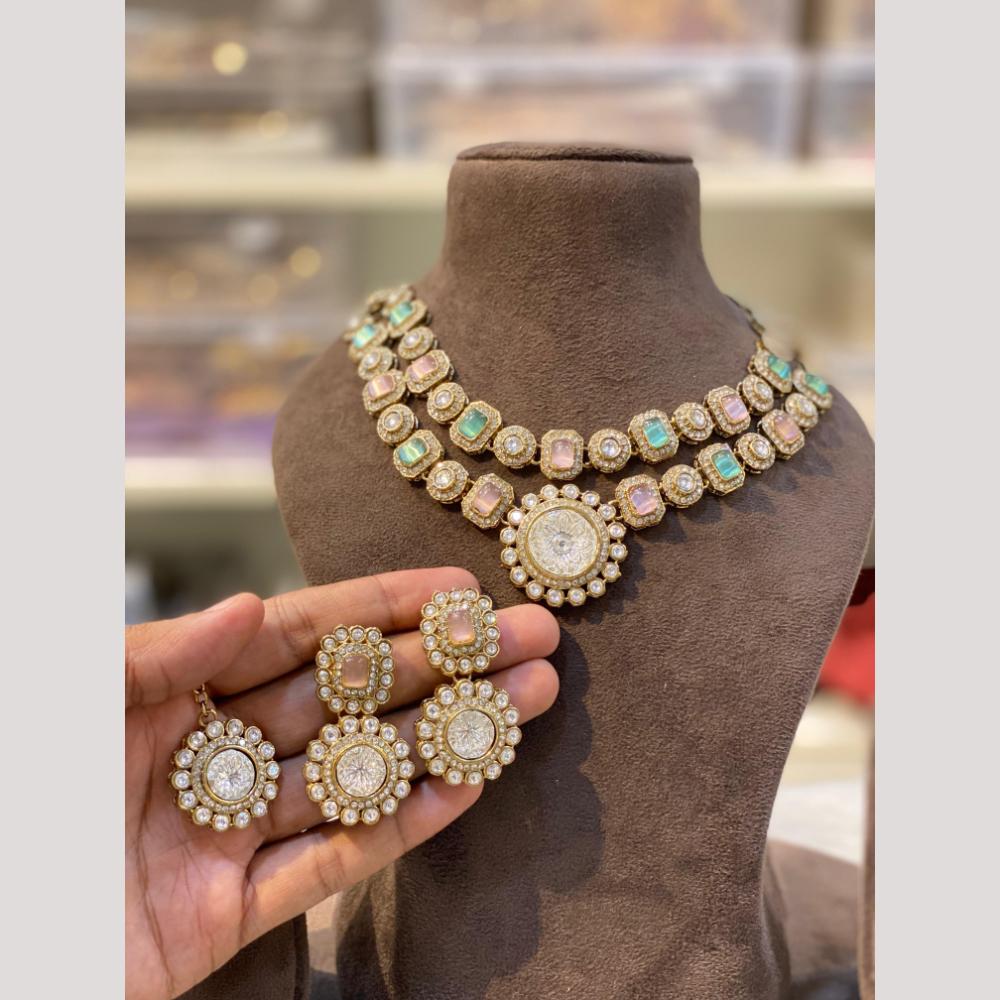 Hira Collections Premium Pota Stone And Pearl Statement Choker Necklace Set