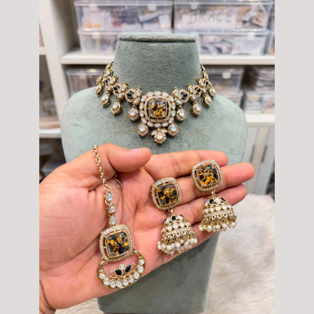 Hira Collections Premium Pota Stone And Pearl Statement Choker Necklace Set