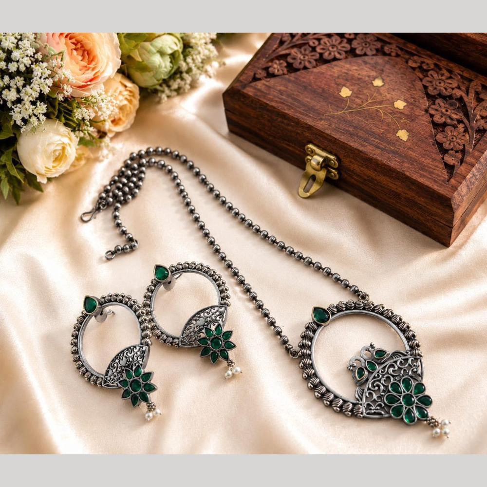 Hira Collections Exclusive Oxidised Pota Stone Pearl Long Necklace Set for Women