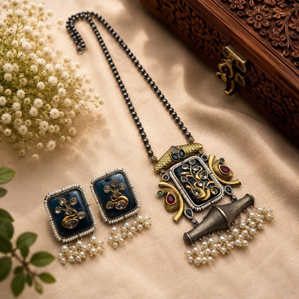 Hira Collections Premium Pota Stone And Pearl Long Necklace Set for Women