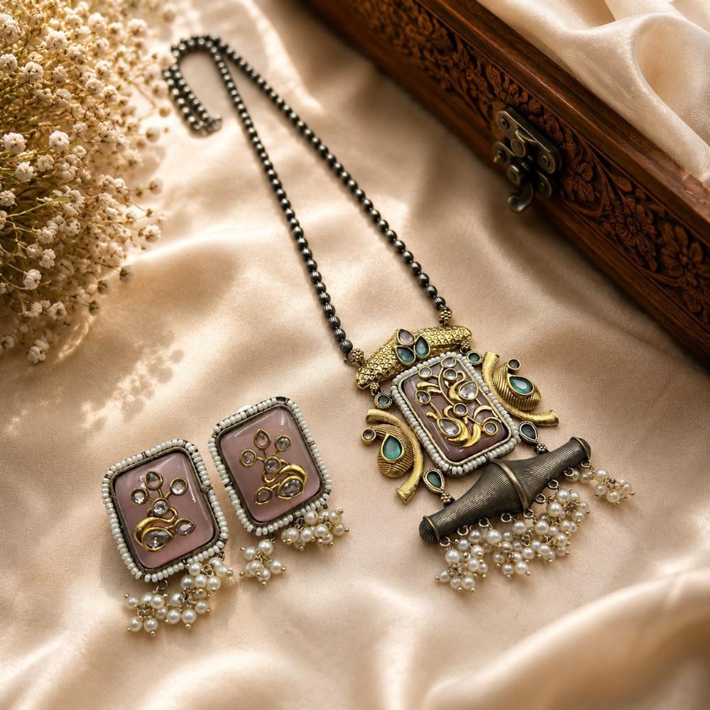 Hira Collections Premium Pota Stone And Pearl Long Necklace Set for Women