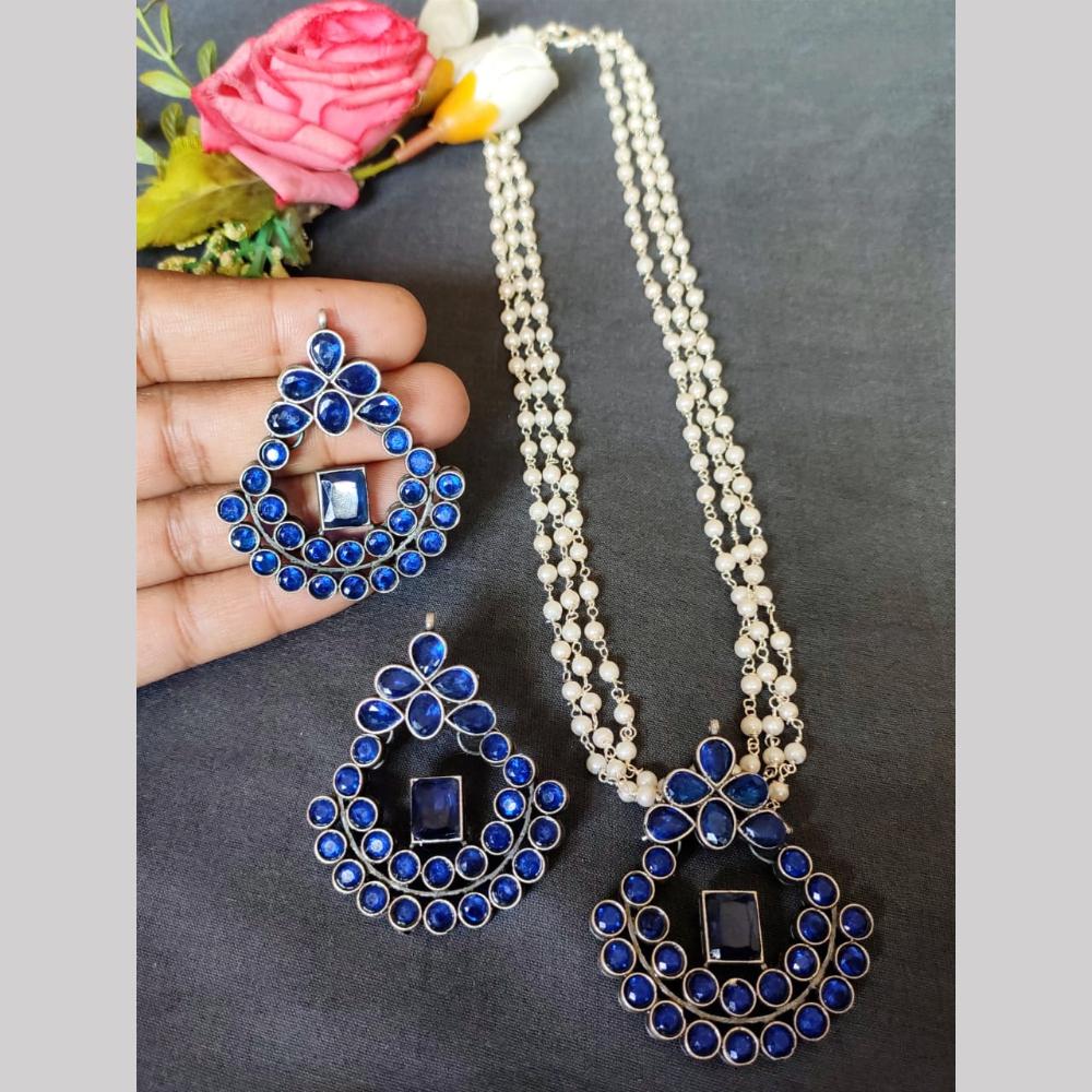 Hira Collections Exclusive Oxidised Pota Stone Pearl Long Necklace Set for Women