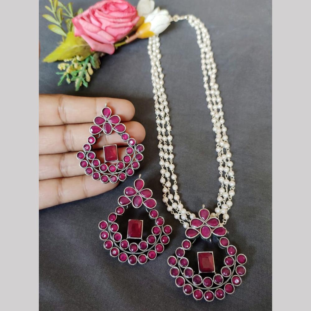 Hira Collections Exclusive Oxidised Pota Stone Pearl Long Necklace Set for Women