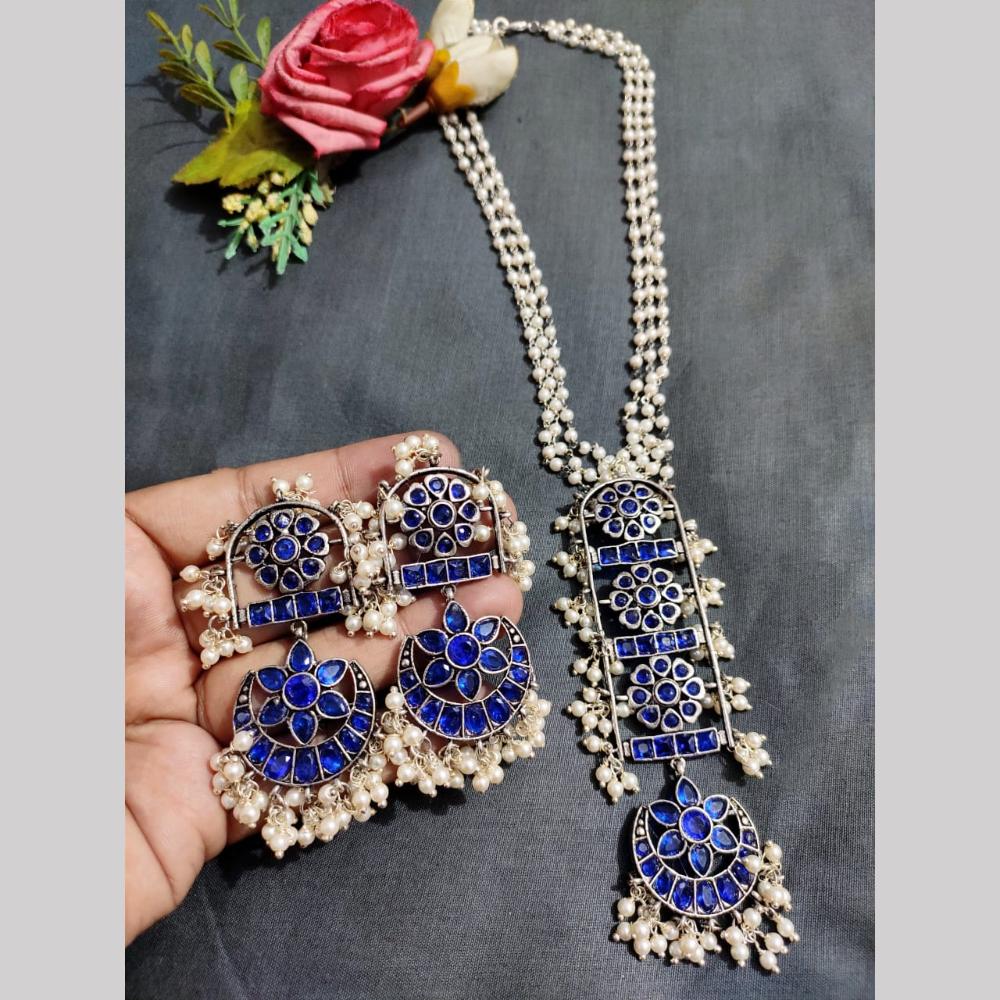 Hira Collections Exclusive Oxidised Pota Stone Pearl Long Necklace Set for Women