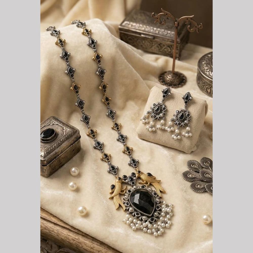 Hira Collections Exclusive 2 Tone Pota Stone Pearl Long Necklace Set for Women