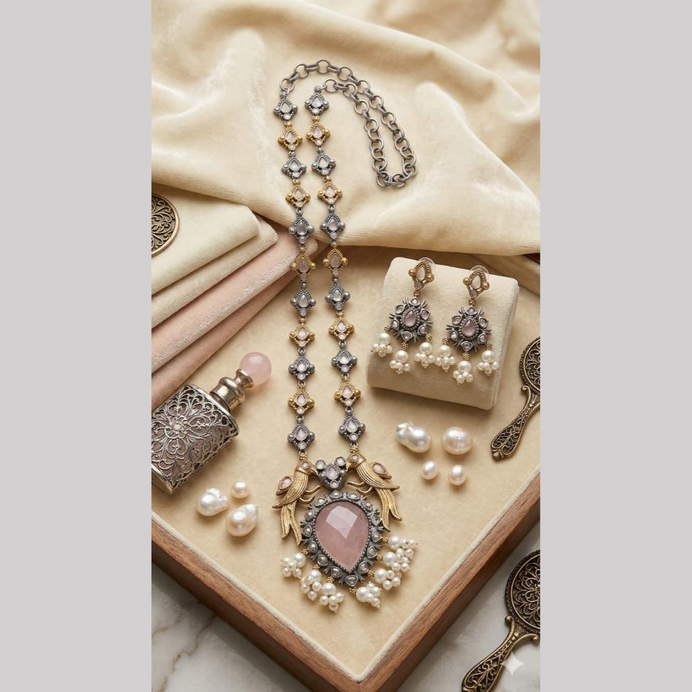 Hira Collections Exclusive 2 Tone Pota Stone Pearl Long Necklace Set for Women