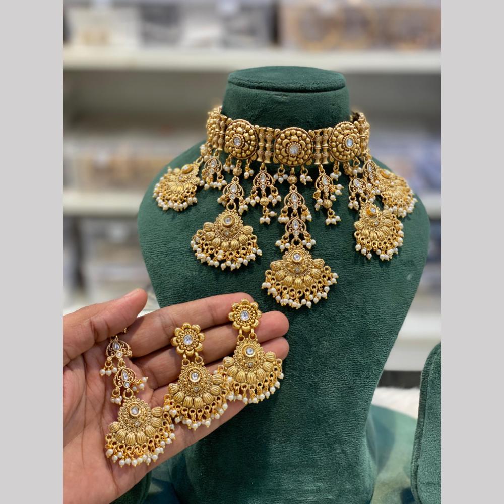 Hira Collections Premium Pota Stone And Pearl Choker Necklace Set for Women