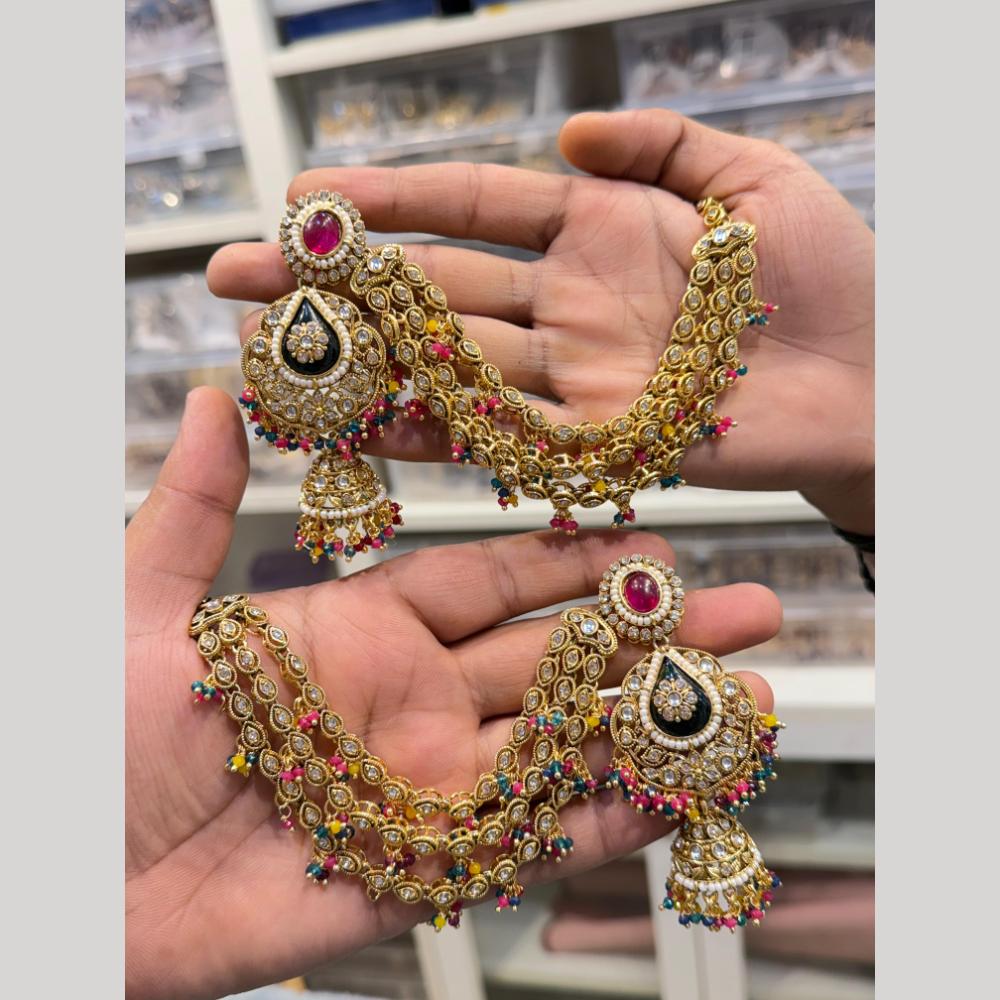 Hira Collections Heritage Kundan Stone And Pearl Kan Chian Jhumki Earrings