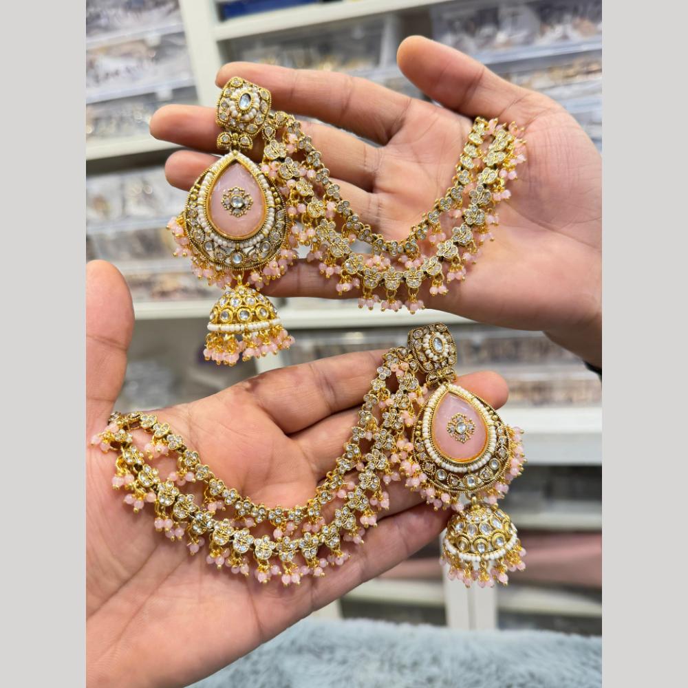Hira Collections Heritage Kundan Stone And Pearl Kan Chian Jhumki Earrings