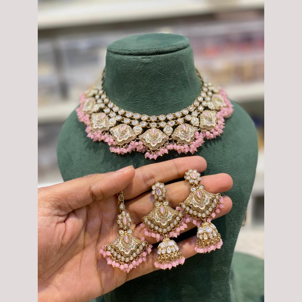 Hira Collections Premium Kundan Stone And Pearl Meenakari Choker Necklace Set