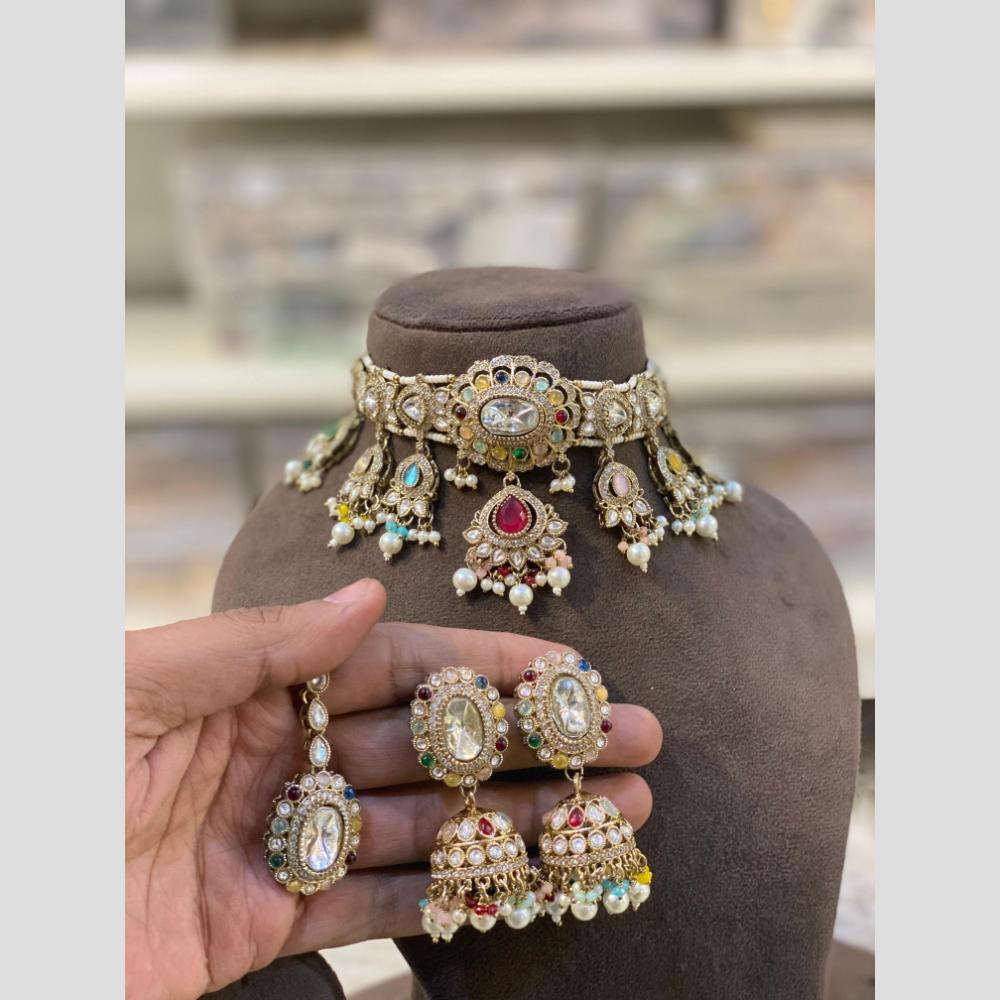 Hira Collections Premium Kundan Stone Beads And Pearl Choker Necklace Set