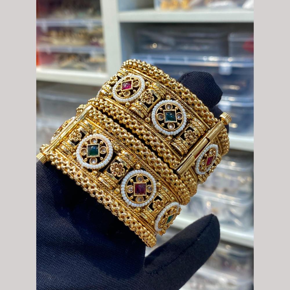 Hira Collections Premium Pota Stone And Pearl Openable Bangles Set