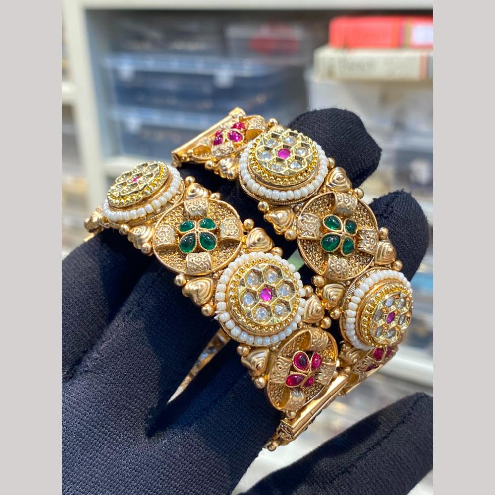 Hira Collections Premium Pota Stone And Pearl Openable Bangles Set