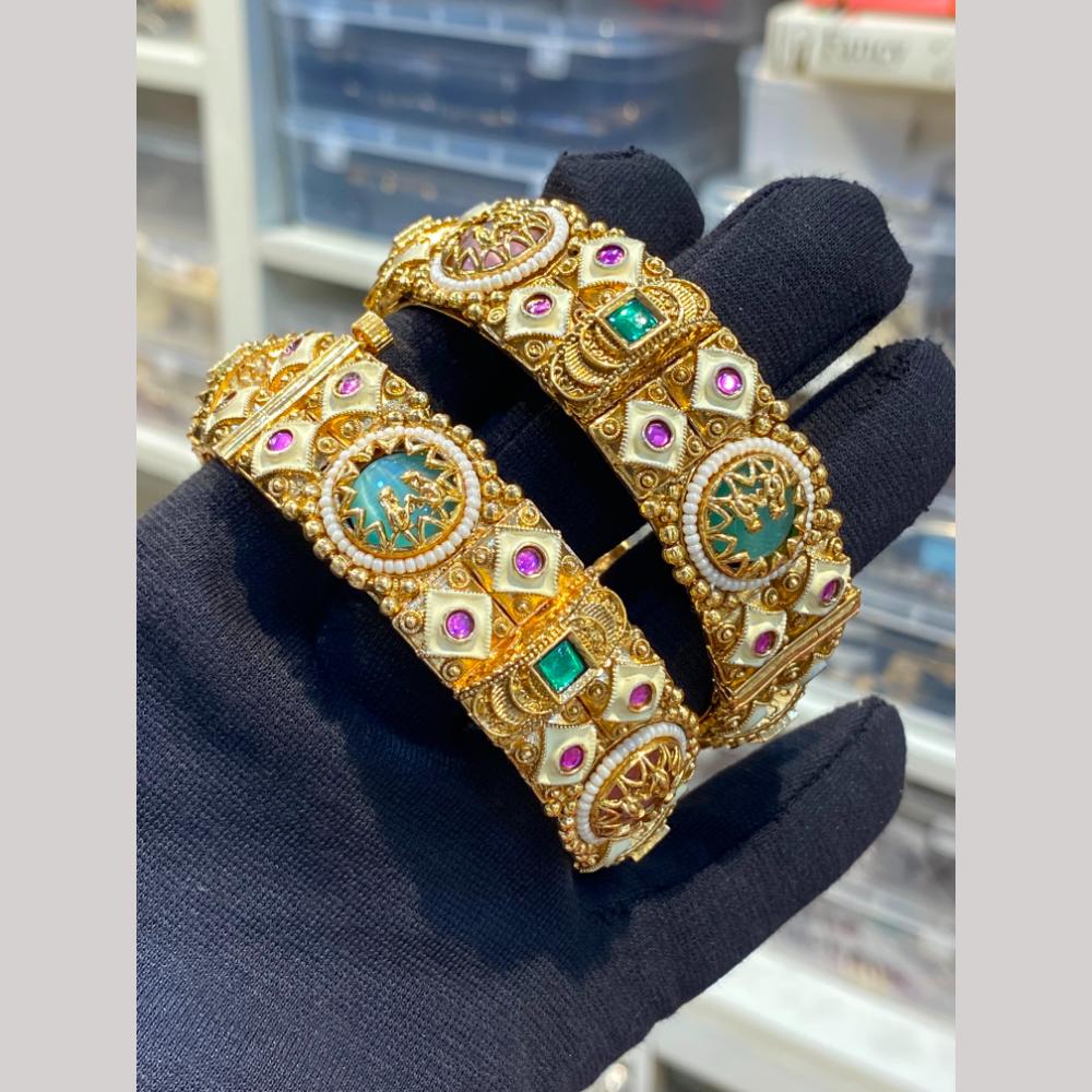 Hira Collections Premium Pota Stone And Meenakari Openable Bangles Set