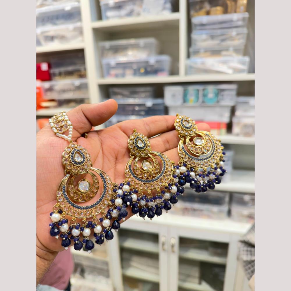 Hira Collections Stylish Crystal Stone And Pearl Dangler Earrings With Maang Tikka