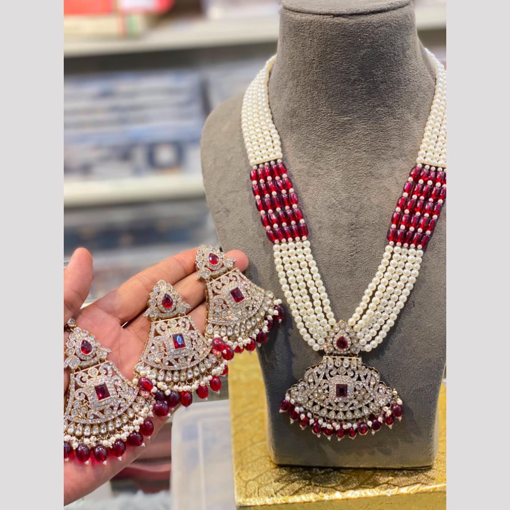 Hira Collections Regal Bridal Austrian Stone And Pearl Long Necklace Set