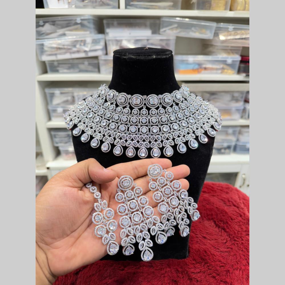 Hira Collections Exquisite American Diamond Heavy Bridal Choker Necklace With Dangler Earrings