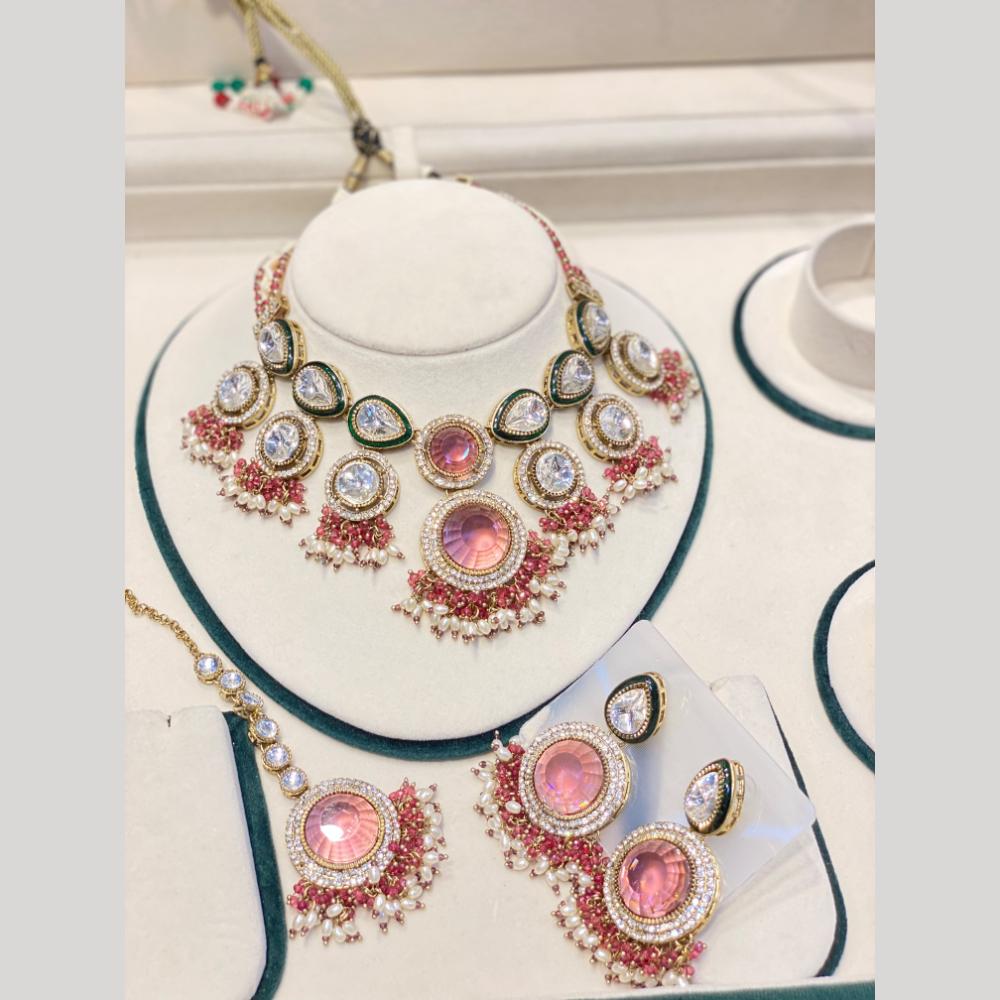 Hira Collections Luxury Crystal Stone And Pearl Choker Necklace Set