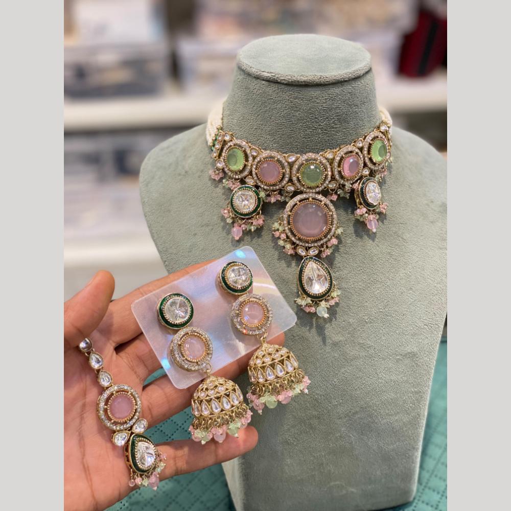 Hira Collections Luxury Crystal Stone And Pearl Choker Necklace Set
