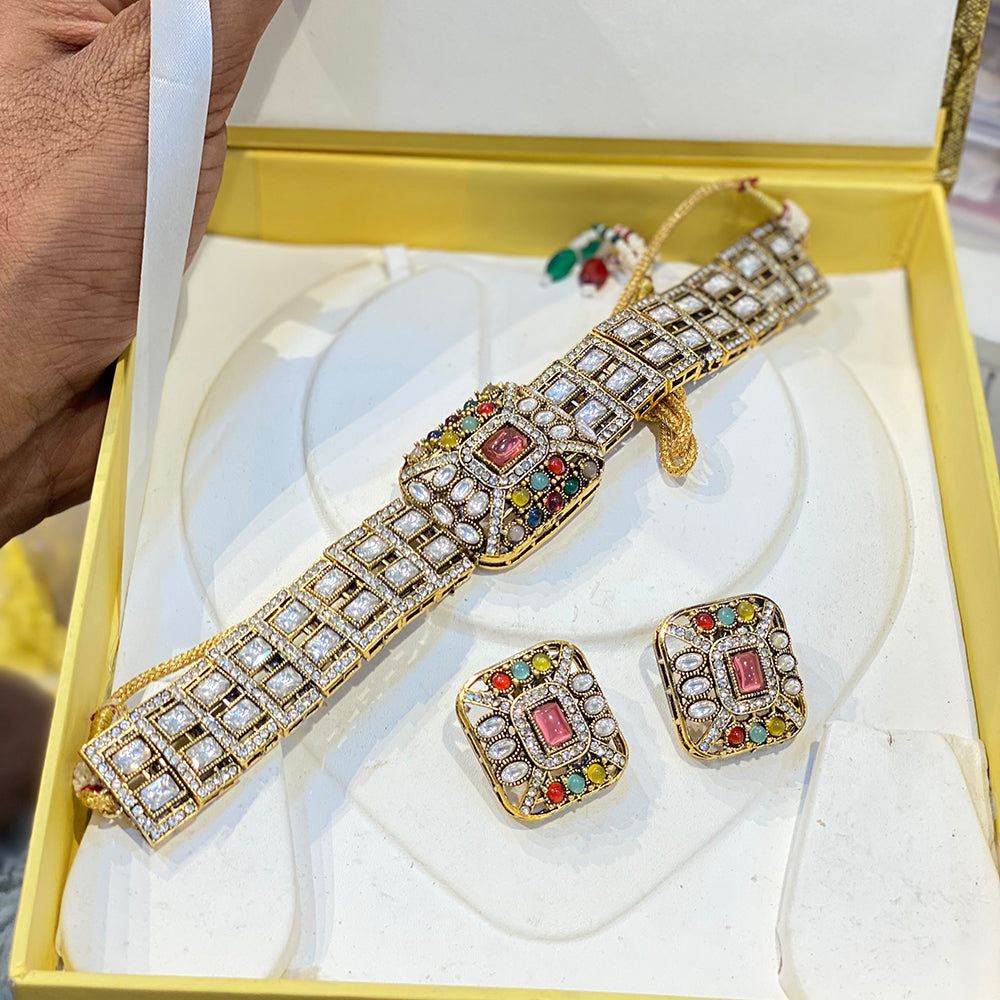 Hira Collections Luxury Polki Kundan Stone Choker Necklace Set