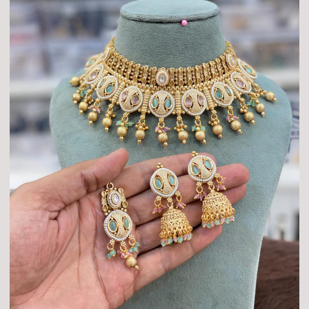 Hira Collections Decent Pota Stone And Pearl Choker Necklace Set
