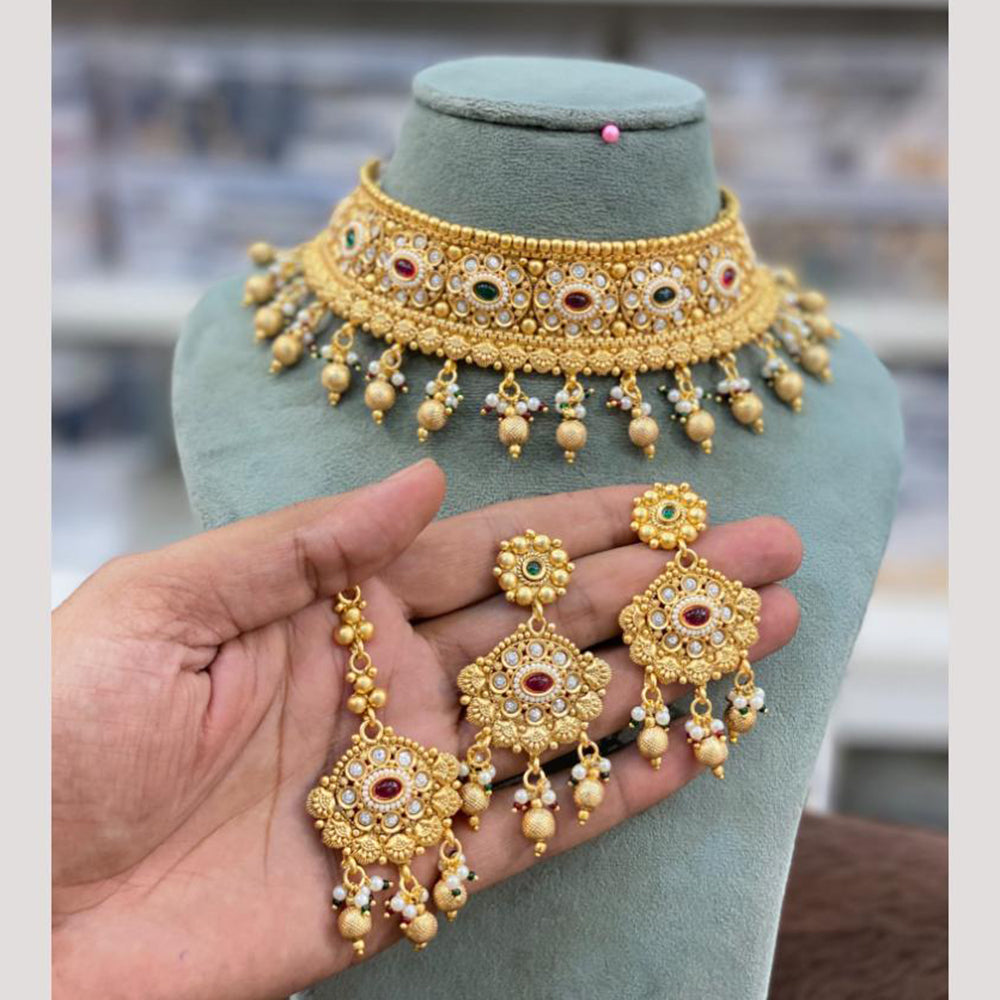 Hira Collections Decent Pota Stone And Pearl Choker Necklace Set