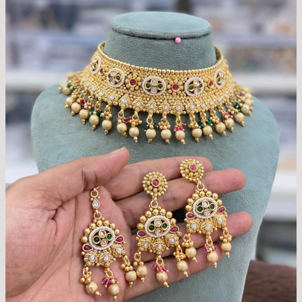 Hira Collections Decent Pota Stone And Pearl Choker Necklace Set