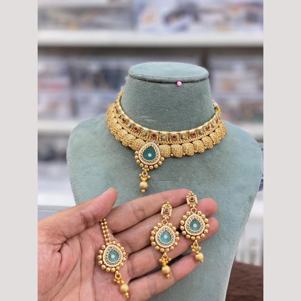 Hira Collections Decent Pota Stone And Pearl Choker Necklace Set