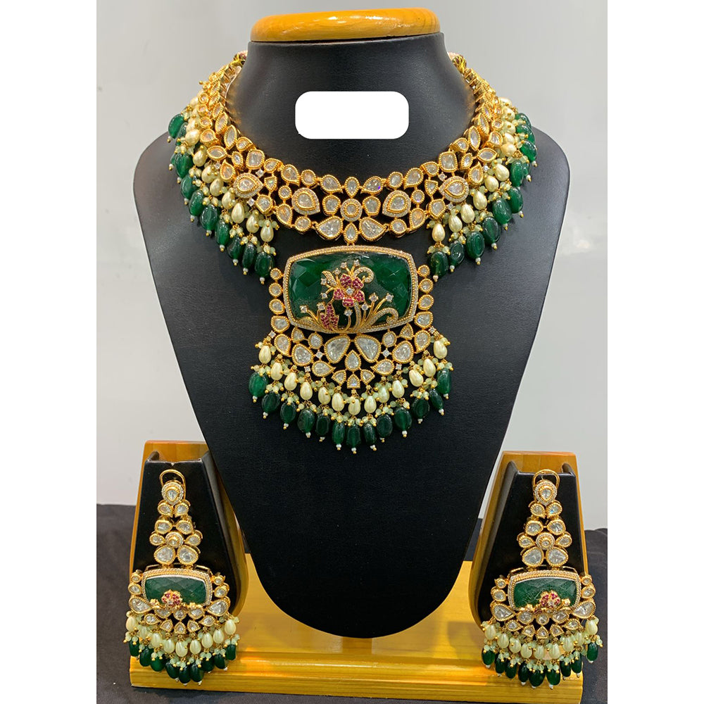 Jain Jewellers Kundan Stone and Pearls and Floral Design in Center with Matching Earring