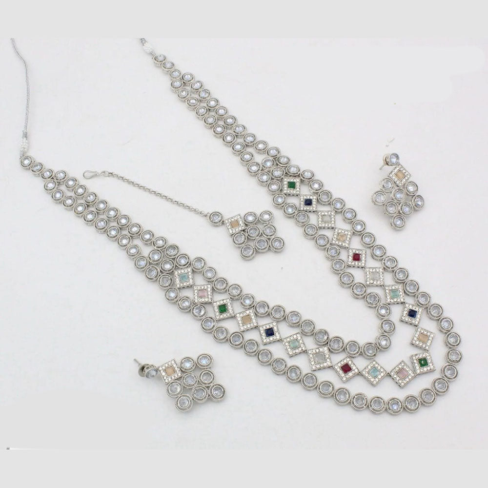 Kavita Art Silver Plated Crystal Stone Multi Layer Long Necklace Set
